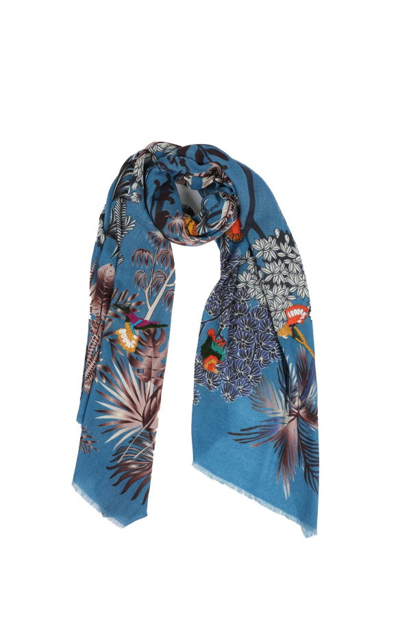 Vismaya Woodland Embroidered Wool Scarf - Lapis Blue