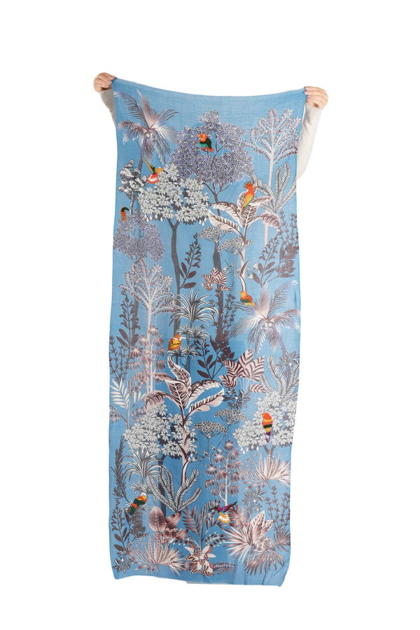Vismaya Woodland Embroidered Wool Scarf - Lapis Blue