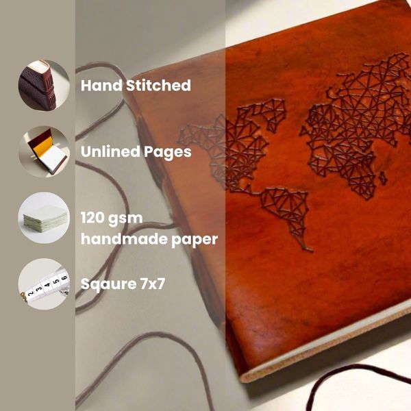 Soothi World Map 7x7 Artist Handmade Leather Journal