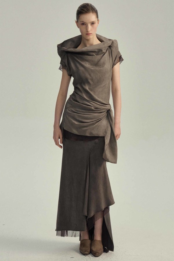 YEHUAFAN Grey Brown Silk Skirt