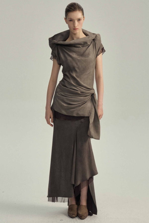 YEHUAFAN Grey Brown Silk Skirt