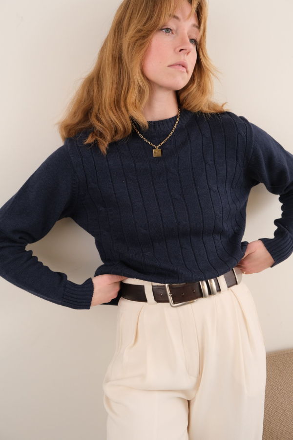 Hermine Vintage Midnight Oscar De La Renta Cotton Blend Cable Knit Long-Sleeve Sweater - Navy