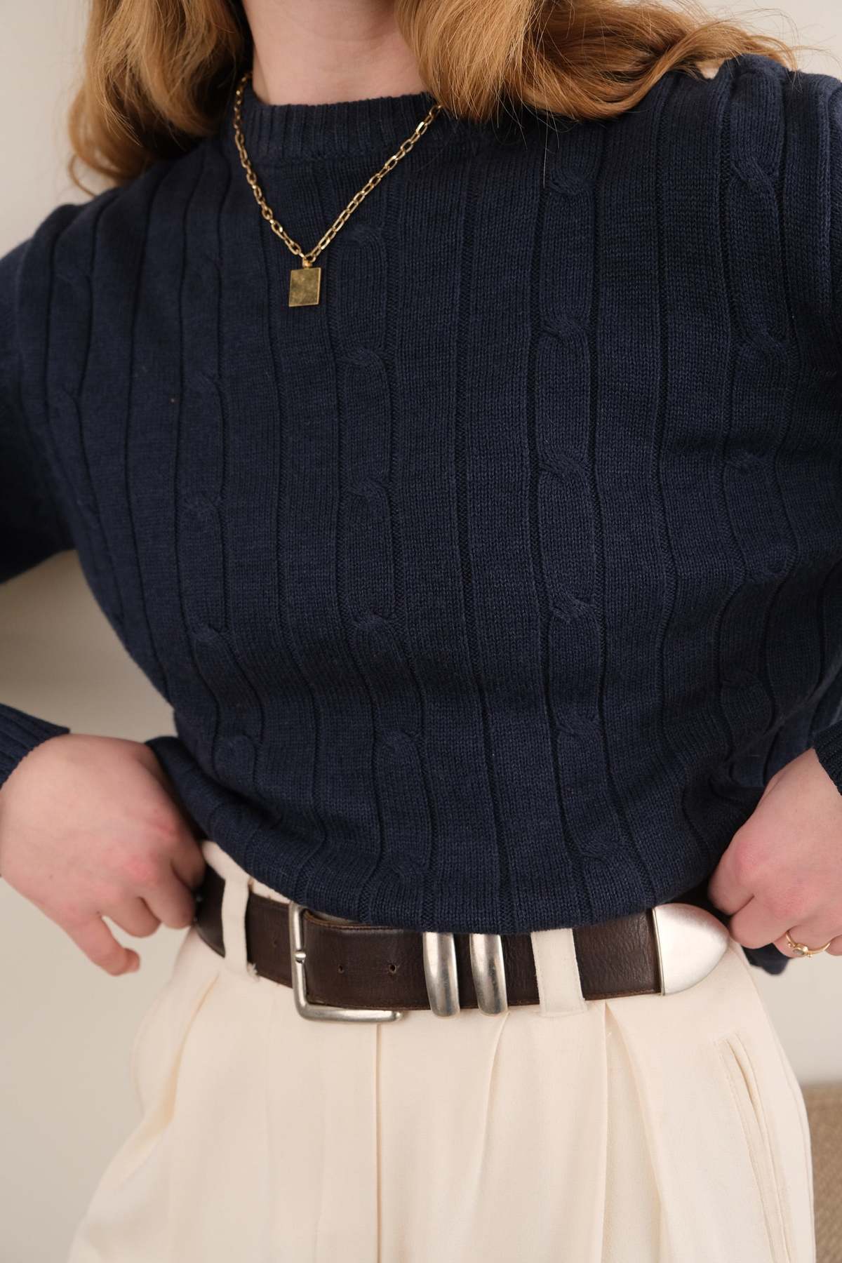 Hermine Vintage Midnight Oscar De La Renta Cotton Blend Cable Knit Long-Sleeve Sweater - Navy - Image 4 of 4