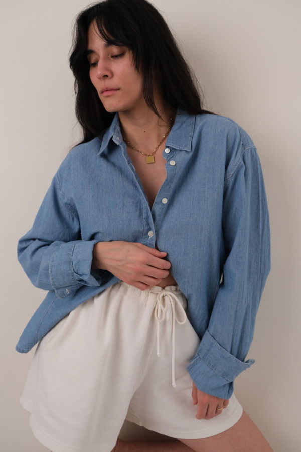 Hermine Vintage Sky Cotton Chambray Button-Up Shirt - Blue