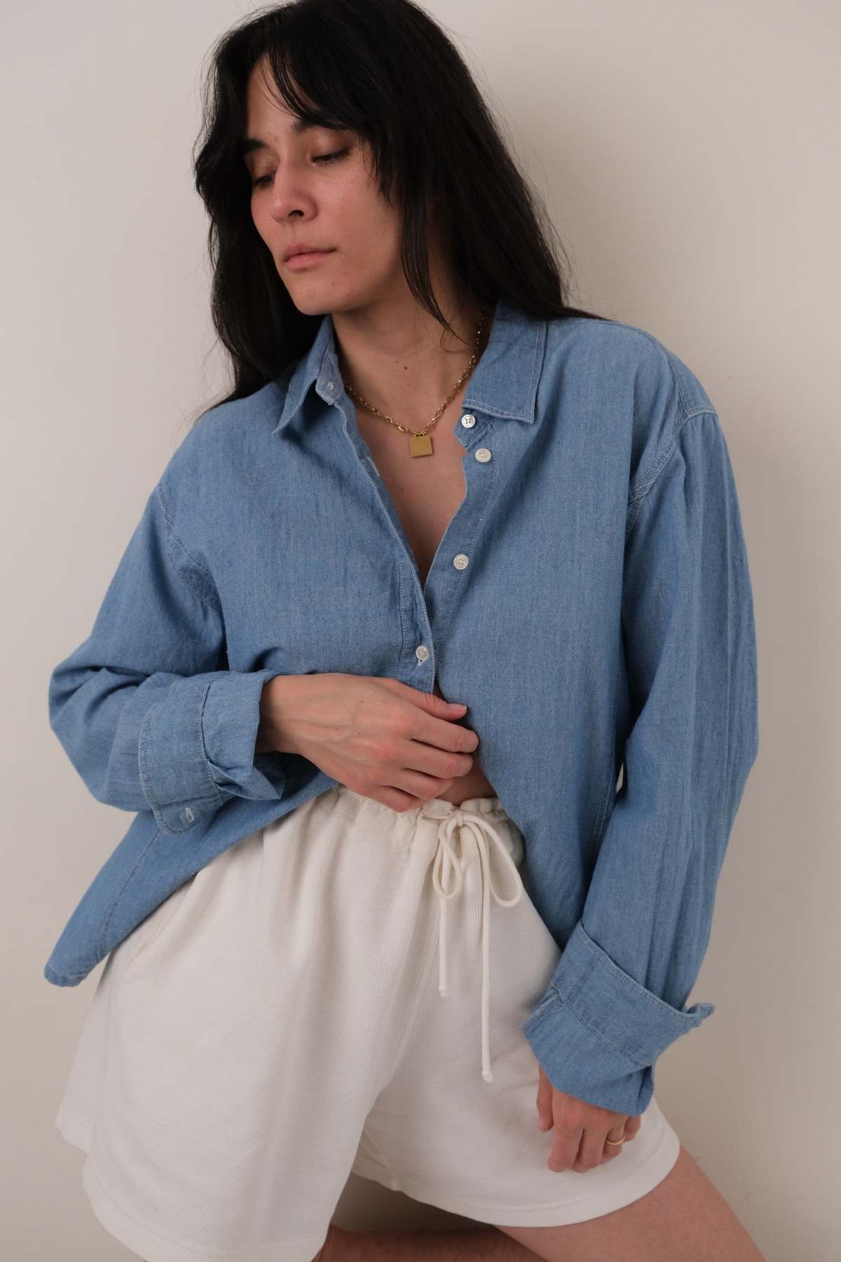 Hermine Vintage Sky Cotton Chambray Button-Up Shirt - Blue - Image 2 of 4
