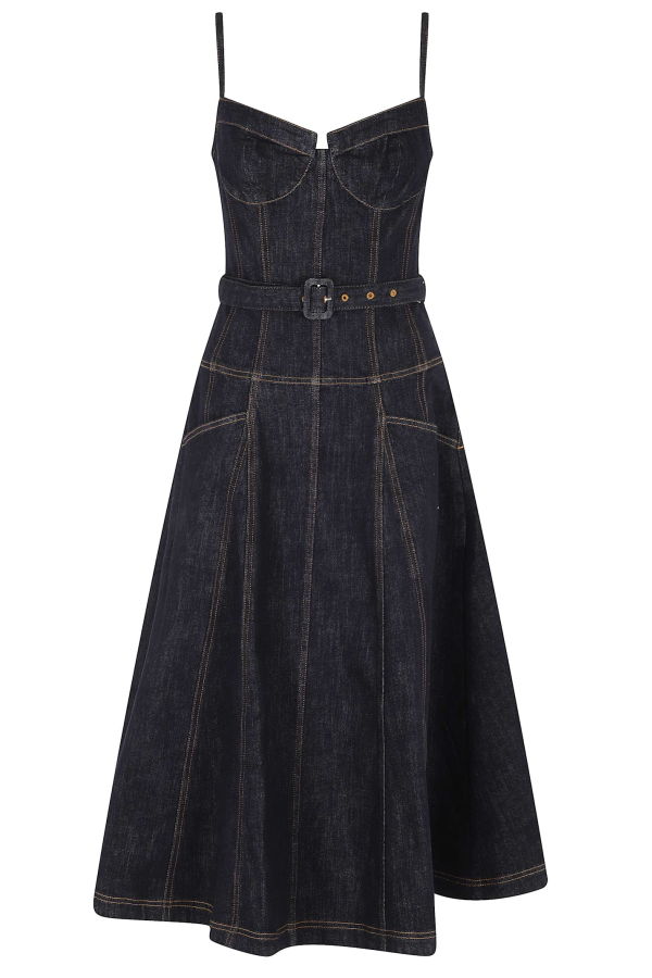 Self-Portrait Indigo Denim Flared Midi Dress - Blue