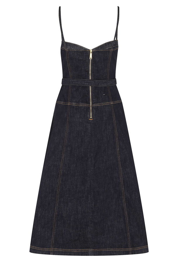 Self-Portrait Indigo Denim Flared Midi Dress - Blue