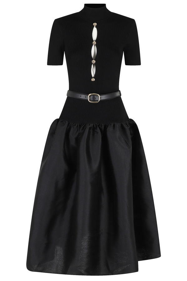 Self-Portrait Knit Taffeta Midi Dress - Black