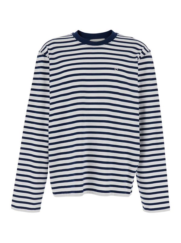 Ami Alexandre Mattiussi Quota Long Sleeve Boxy Fit Mariniere Tee with Ami de Coeur Patch - Blue