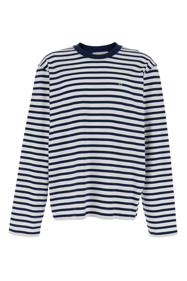Ami Alexandre Mattiussi Quota Long Sleeve Boxy Fit Mariniere Tee with Ami de Coeur Patch - Blue