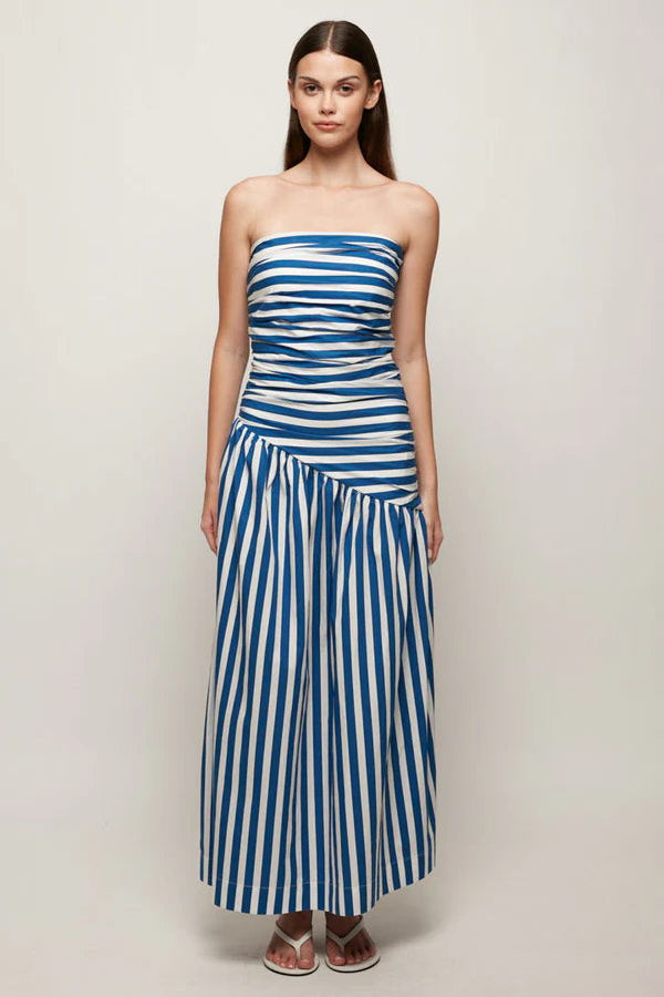 S/W/F Ruched Bodice Midi Dress - Blue/White Pinstripe