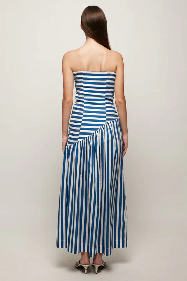 S/W/F Ruched Bodice Midi Dress - Blue/White Pinstripe