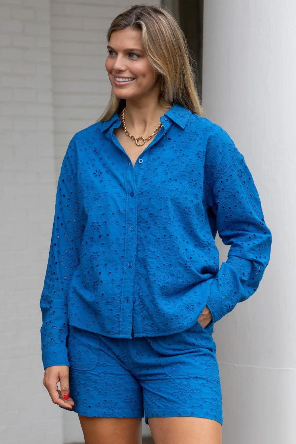 Ex Voto Daphne Eyelet Button Down Top - Cobalt Blue