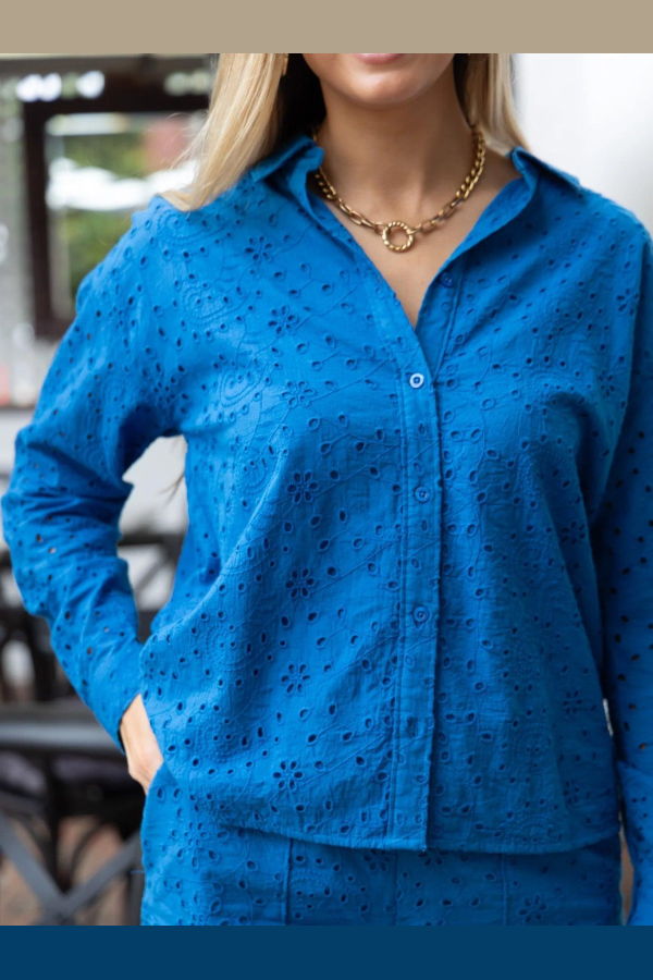 Ex Voto Daphne Eyelet Button Down Top - Cobalt Blue