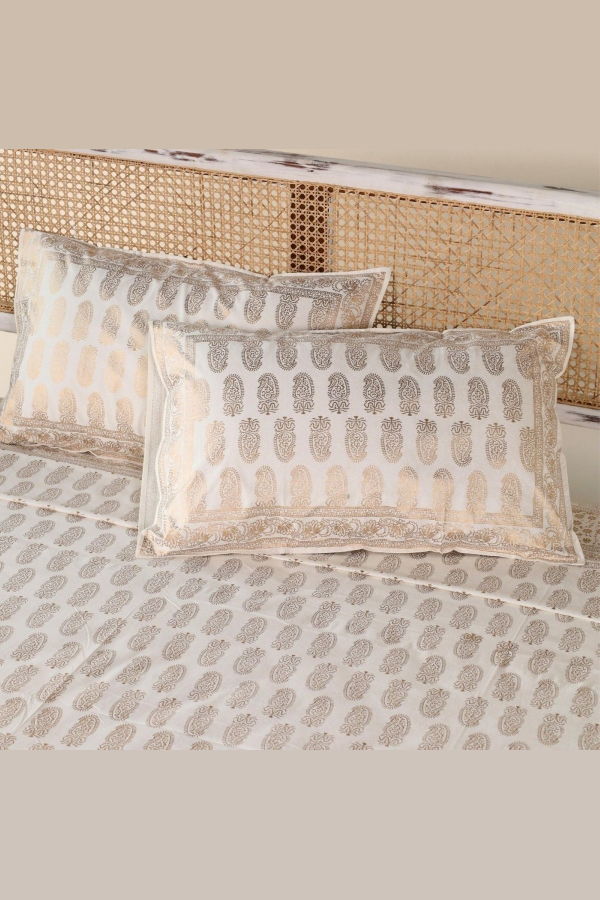 Mela Artisans Gold & White Handprinted Bed Cover Set with Pillow Covers