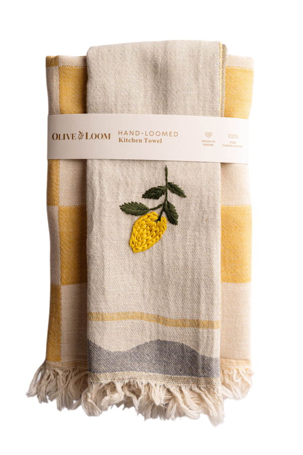 Olive and Loom Lemon Hand Stitched Kitchen Towel Set