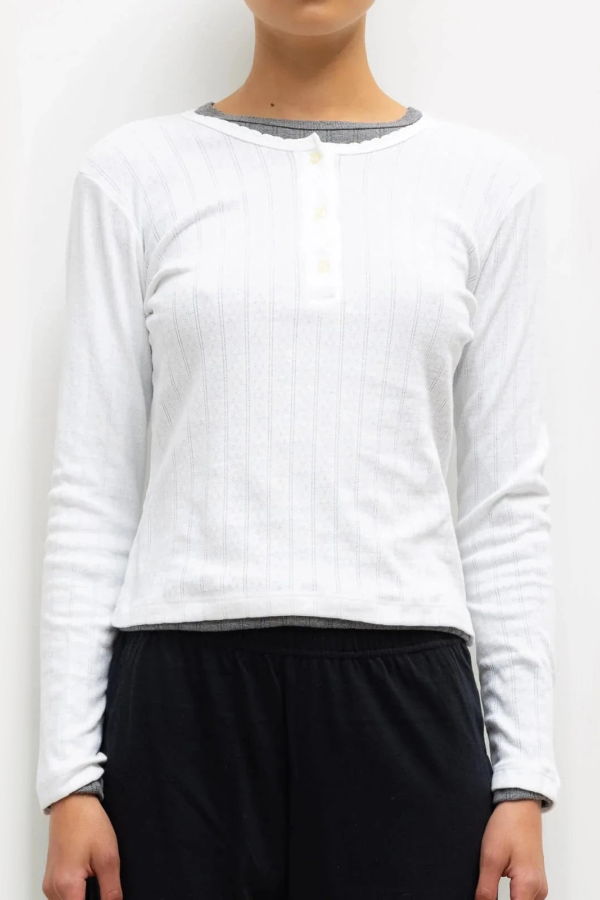 Leset Pointelle Long Sleeve Henley Top