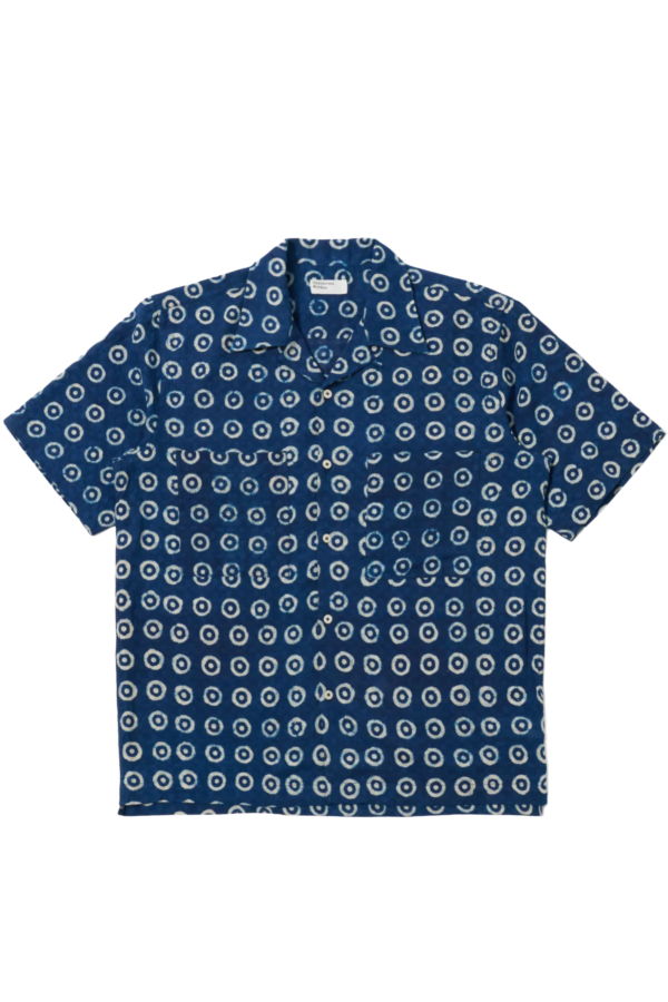 Universal Works Indigo Block Print Circles Camper Shirt