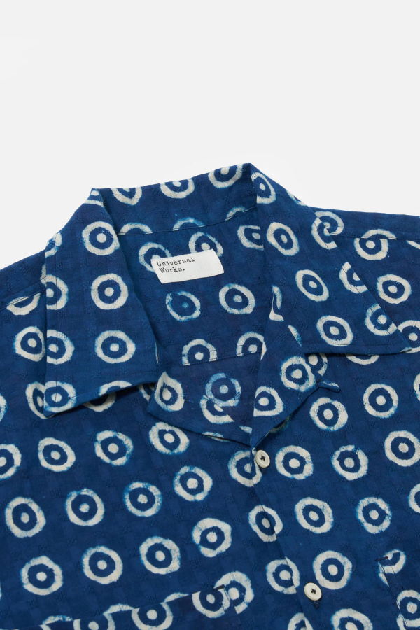 Universal Works Indigo Block Print Circles Camper Shirt