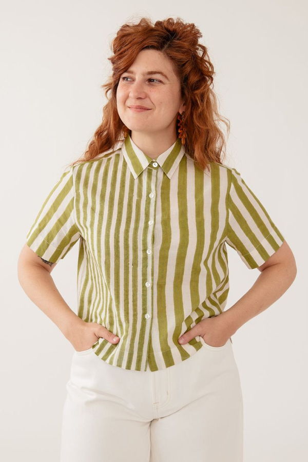 Mata Traders Benji Button Down Top - Green Stripe