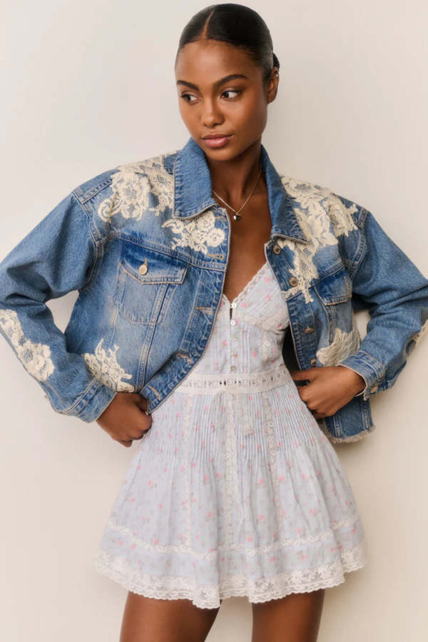 LoveShackFancy Amana Lace Appliqu Denim Jacket - Faded Blue