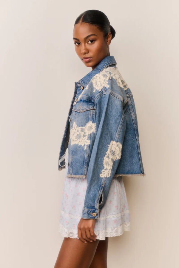 LoveShackFancy Amana Lace Appliqué Denim Jacket - Faded Blue