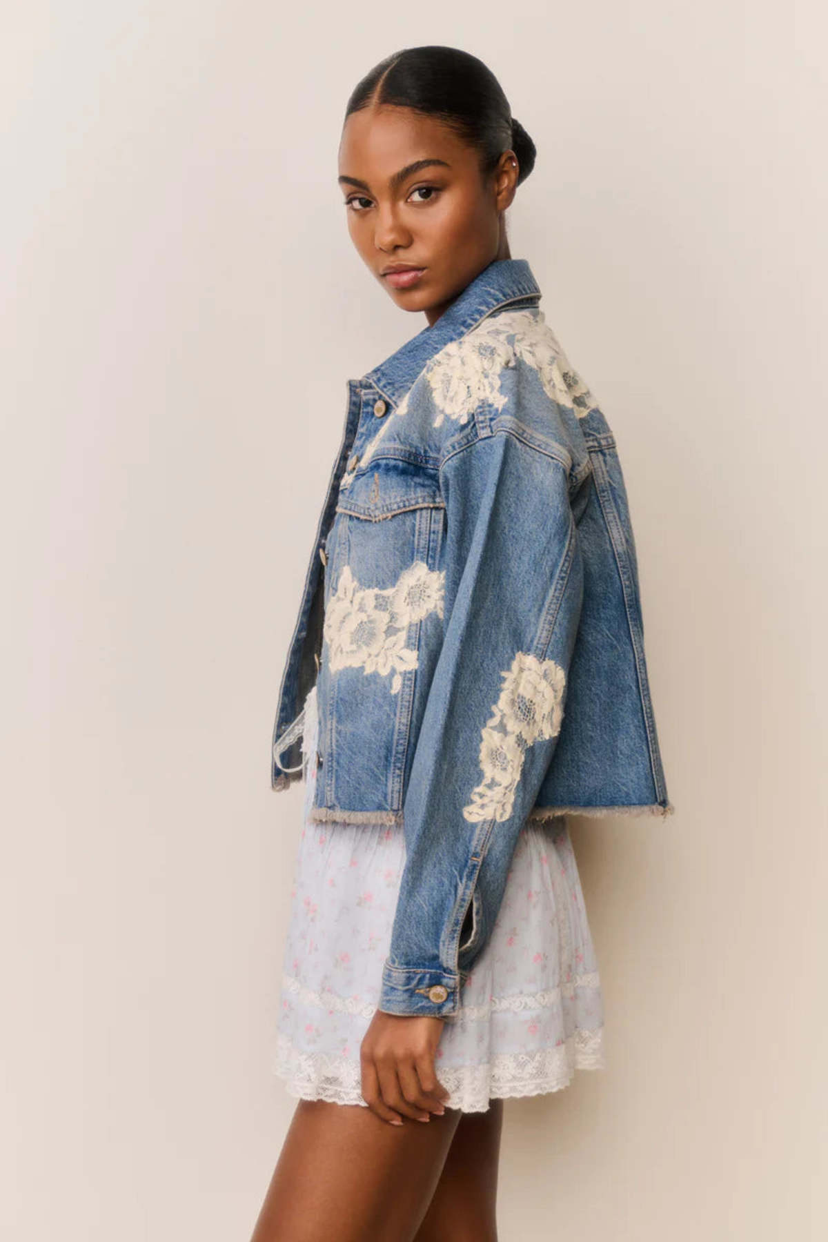 LoveShackFancy Amana Lace Appliqué Denim Jacket - Faded Blue - Image 2 of 4