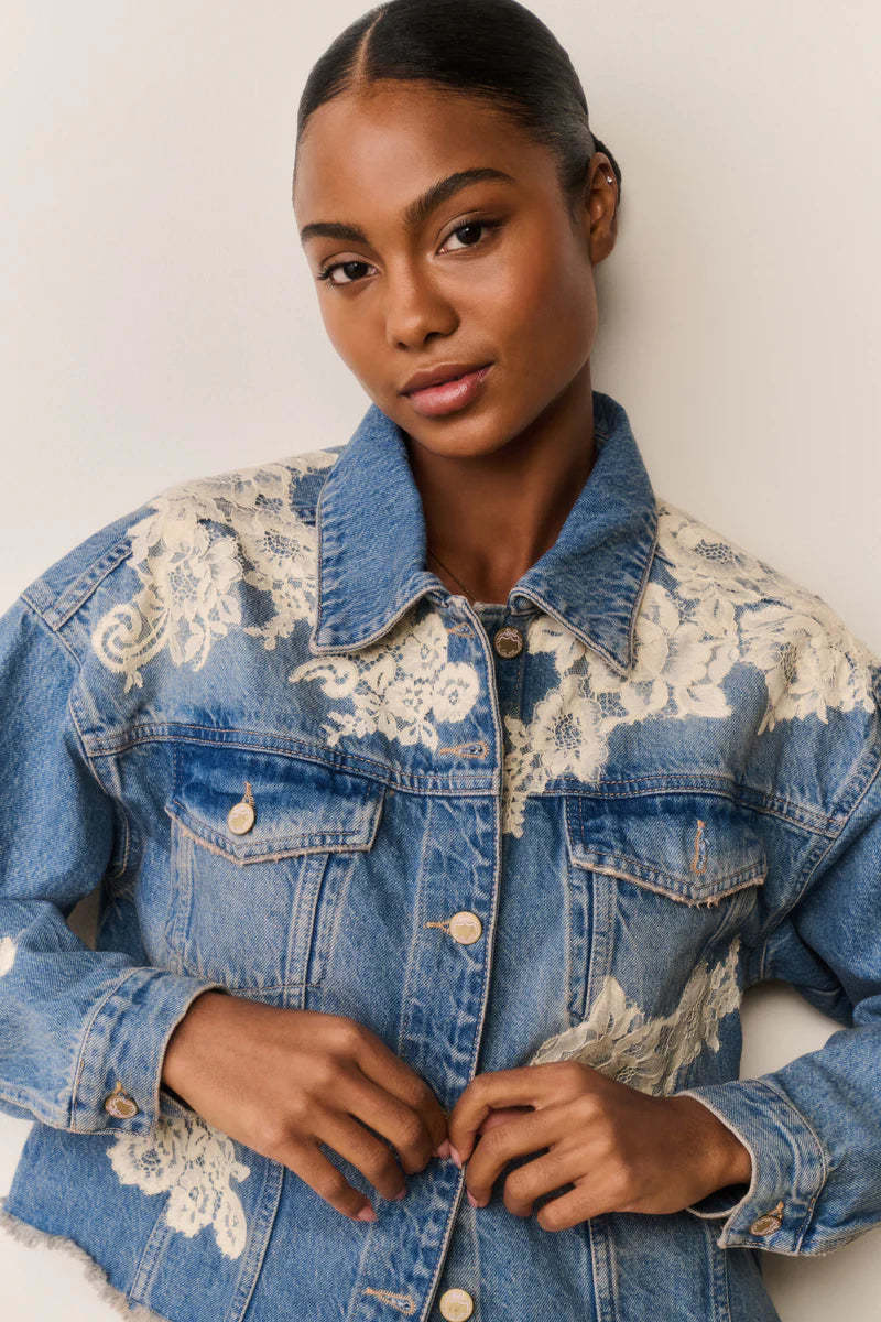 LoveShackFancy Amana Lace Appliqu Denim Jacket - Faded Blue