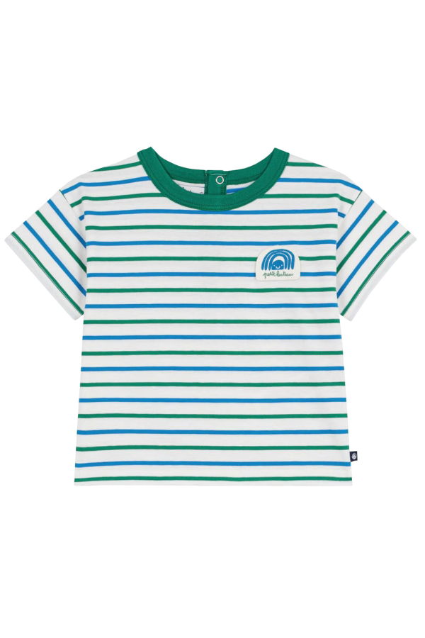 KIDS Petit Bateau Baby T-Shirt Tee - White / Green / Blue Stripe