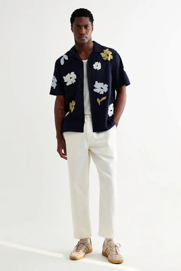 Wax London Didcot Navy Floral Applique Shirt