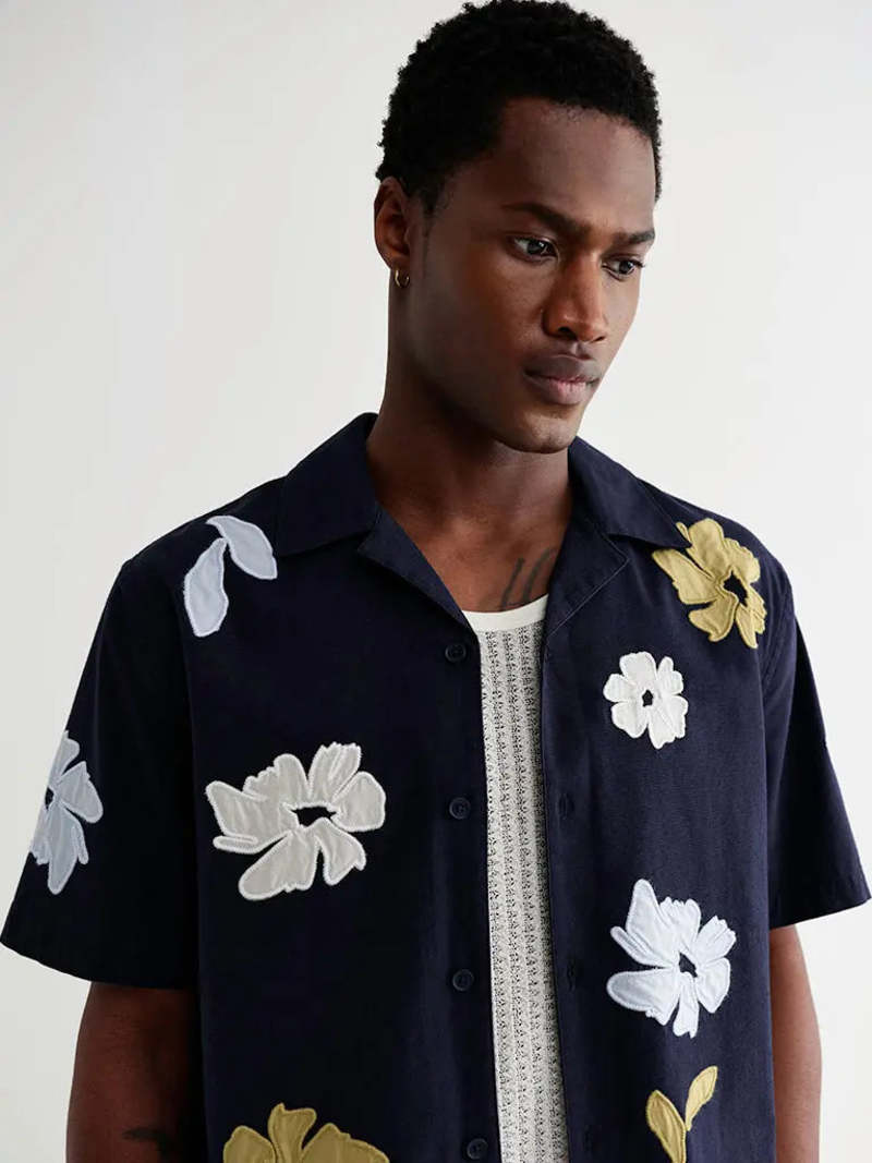 Wax London Didcot Navy Floral Applique Shirt