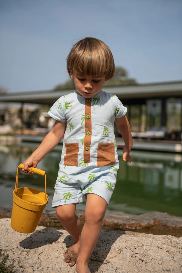 KIDS Mon Coeur Palm Tree Pocket Linen Romper