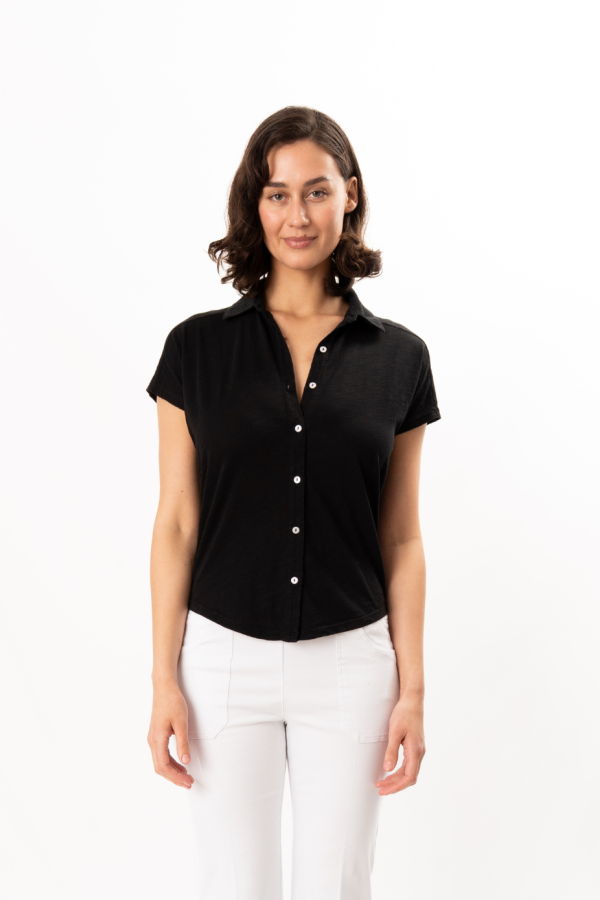 ELLIOTT LAUREN Button Up Polo Top - Black