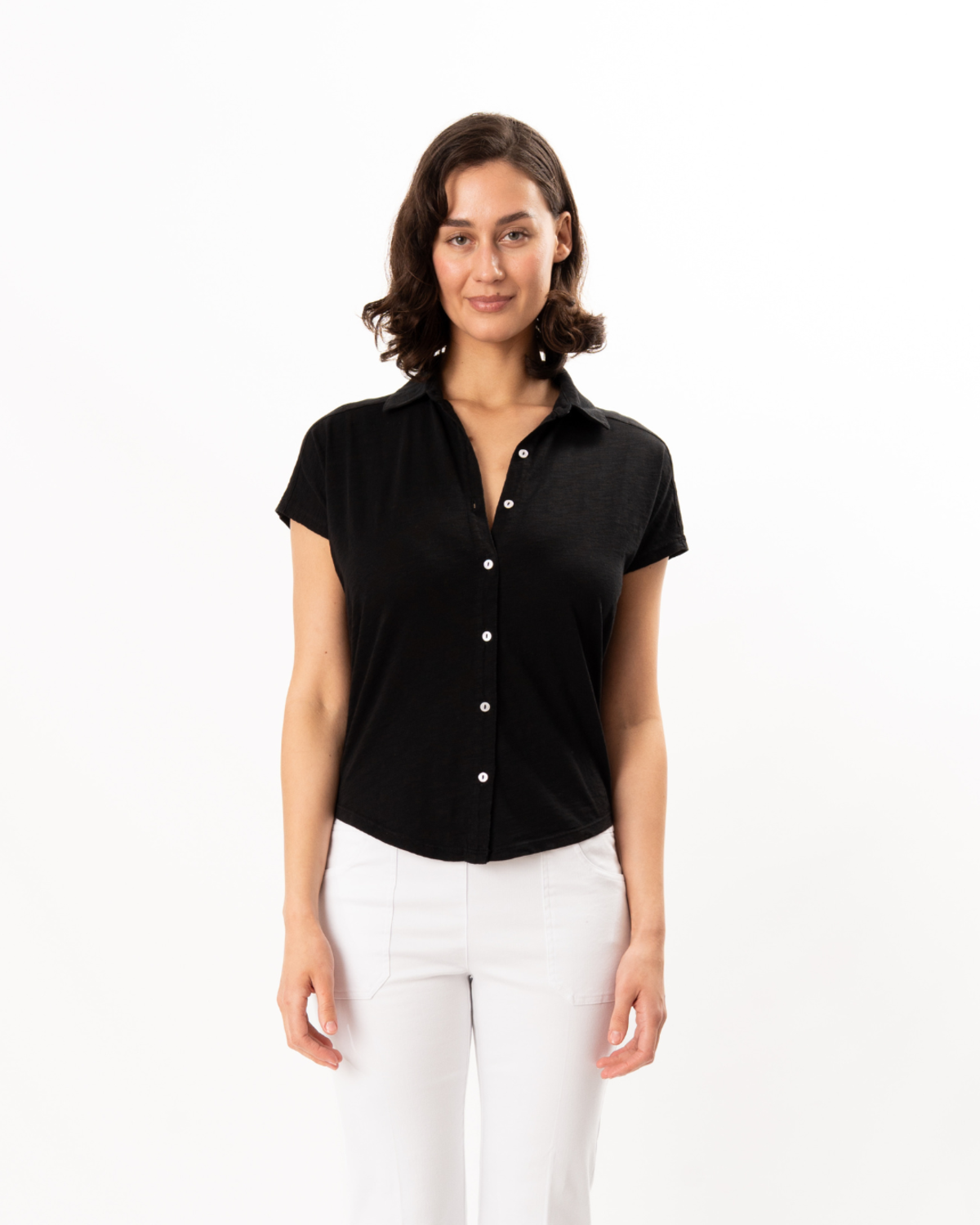ELLIOTT LAUREN Button Up Polo Top - Black - Image 1 of 5