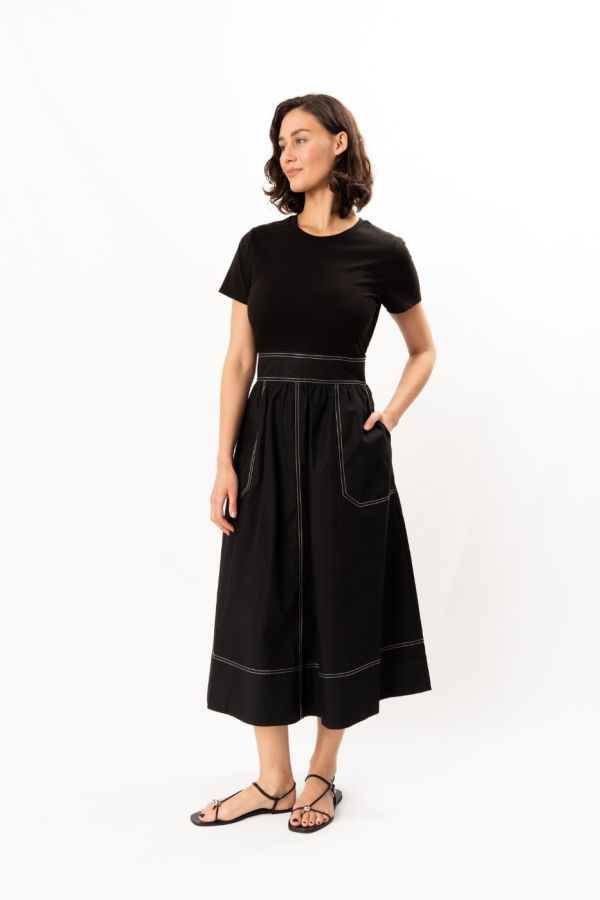 ELLIOTT LAUREN Short Sleeve Parachute Midi Dress - Black