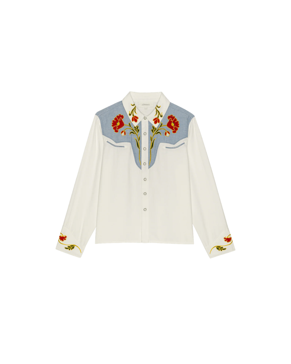 The Great. The Embroidered Western Shirt - Cream/Chambray Mix Multi