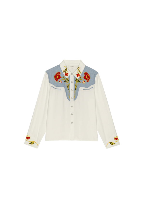 The Great. The Embroidered Western Shirt - Cream/Chambray Mix Multi