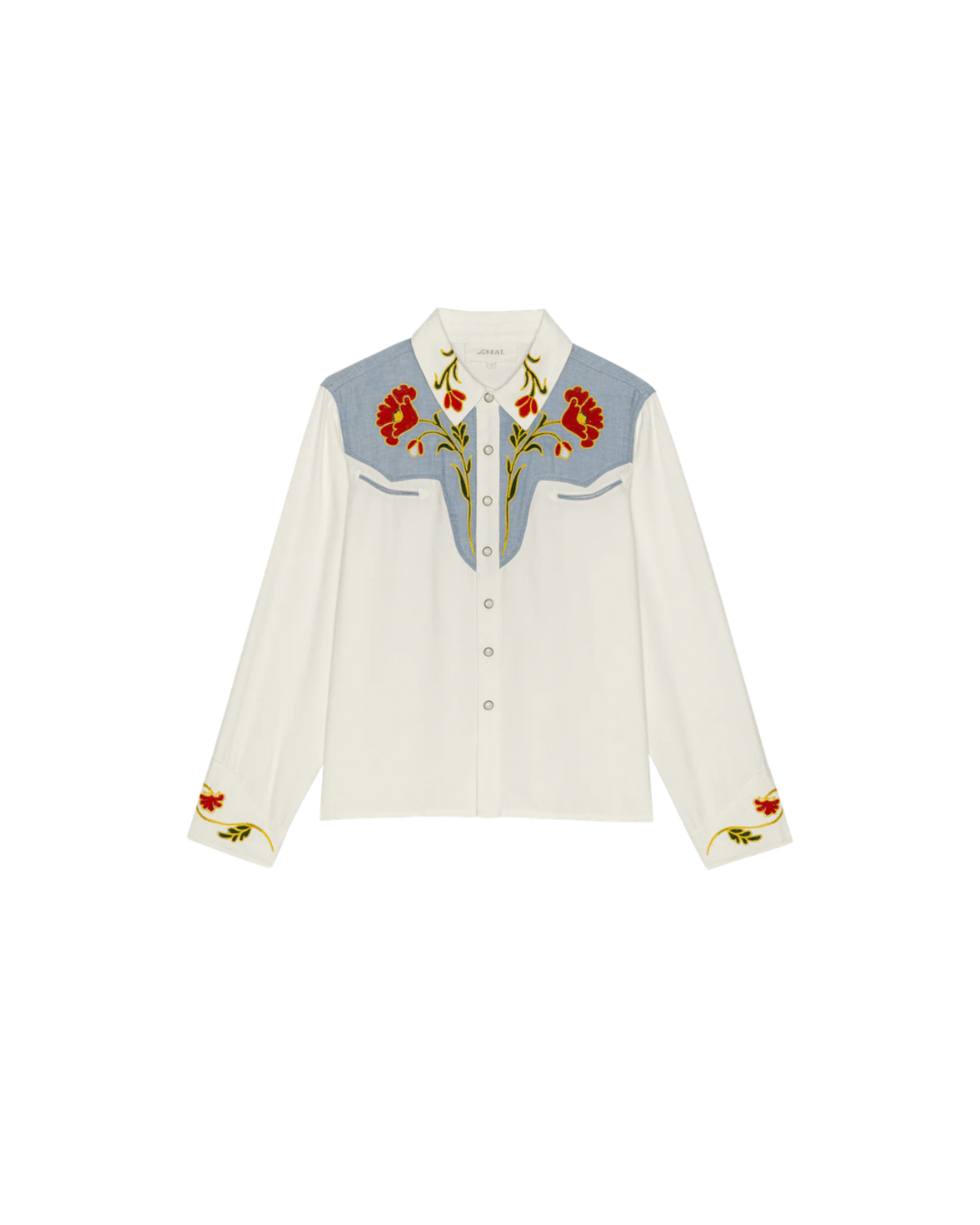 The Great. The Embroidered Western Shirt - Cream/Chambray Mix Multi - Image 1 of 6