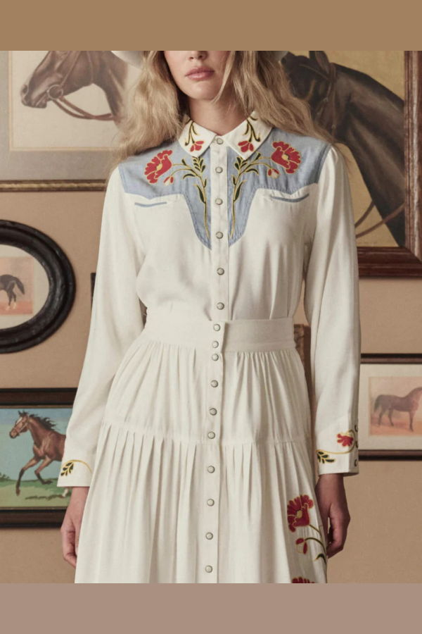 The Great. The Embroidered Western Shirt - Cream/Chambray Mix Multi