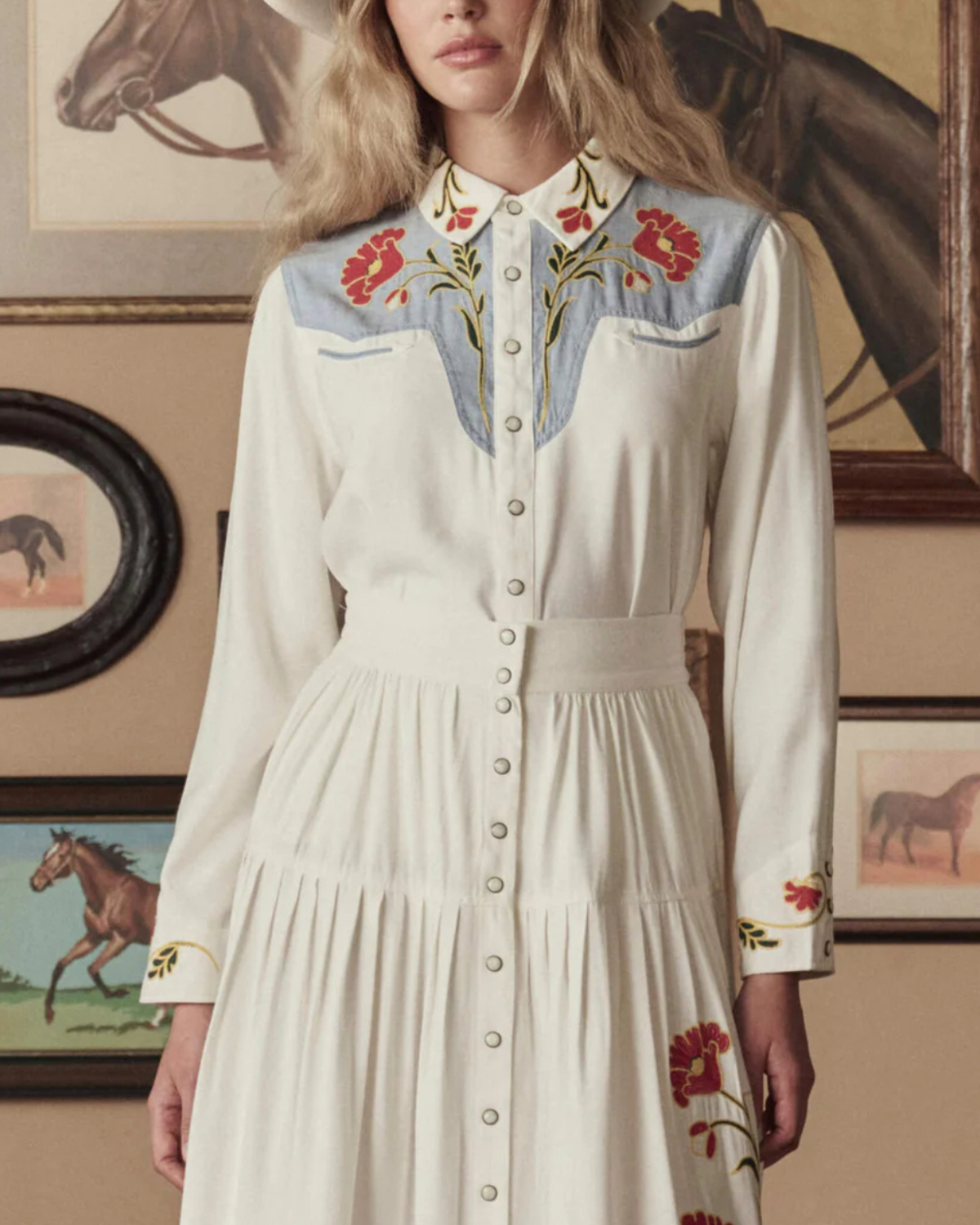 The Great. The Embroidered Western Shirt - Cream/Chambray Mix Multi - Image 2 of 6