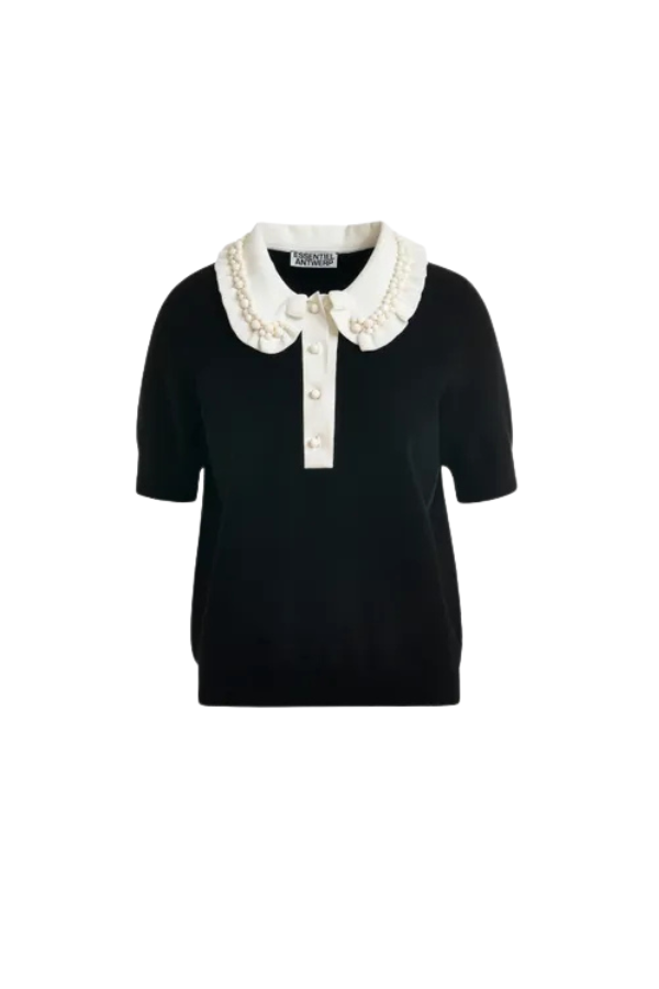 Essentiel Antwerp Jewelry Embroidered Knit Polo Top