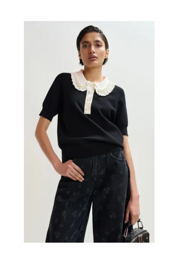 Essentiel Antwerp Jewelry Embroidered Knit Polo Top