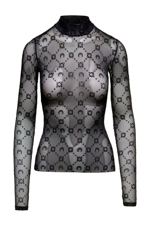 MARINE SERRE Black Sheer Top With Flocked Monogram In Stretch Polyamide Top - Black
