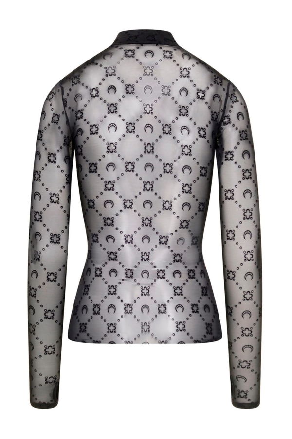 MARINE SERRE Black Sheer Top With Flocked Monogram In Stretch Polyamide Top - Black