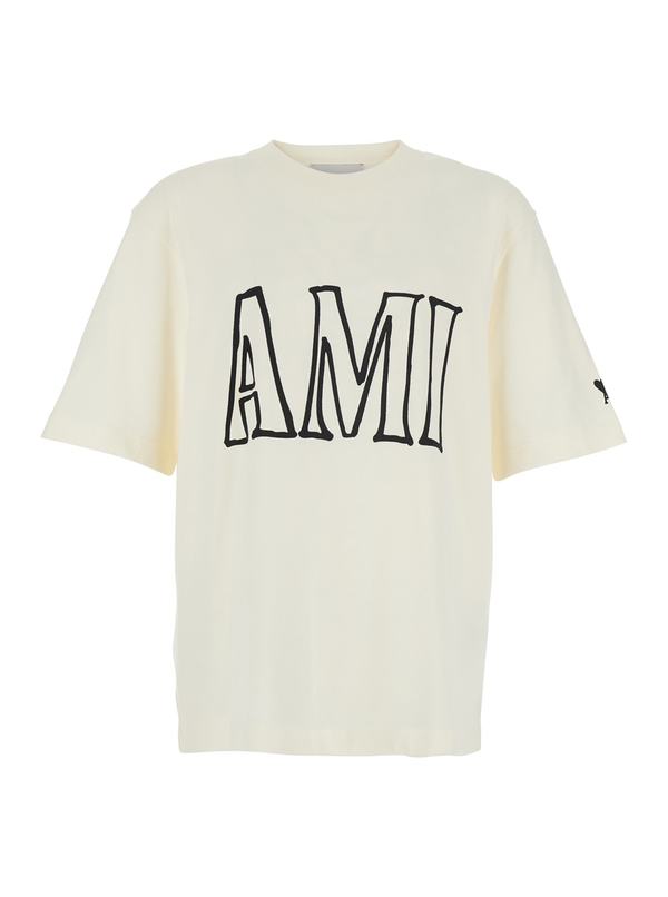 Ami Alexandre Mattiussi Boxy Fit Short Sleeve T-Shirt With Ami Paris Print At Front And Back - White
