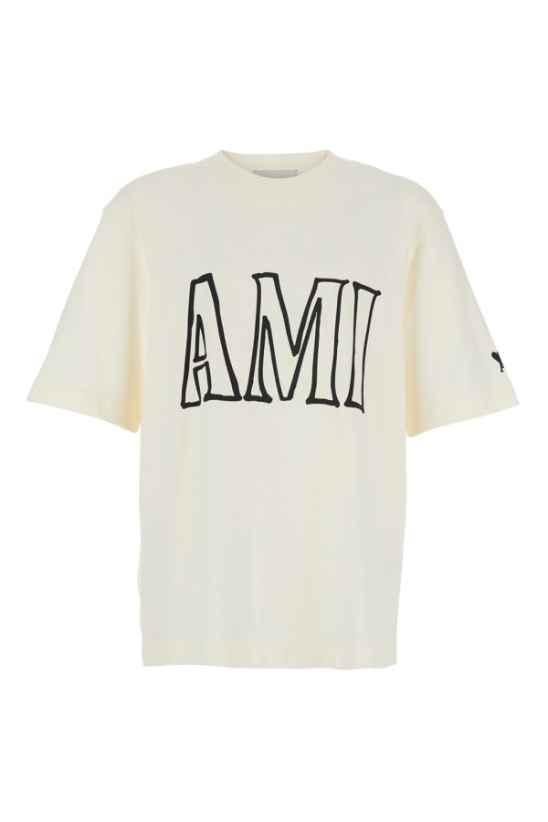 Ami Alexandre Mattiussi Boxy Fit Short Sleeve T-Shirt With Ami Paris Print At Front And Back - White