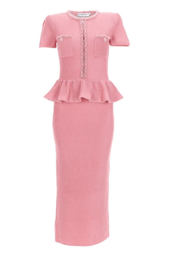 Self-Portrait Midi Dress With Peplum And Beading - Pink