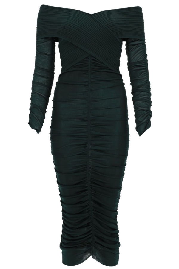 Self-Portrait Viscose Gathered Midi Dress - Green