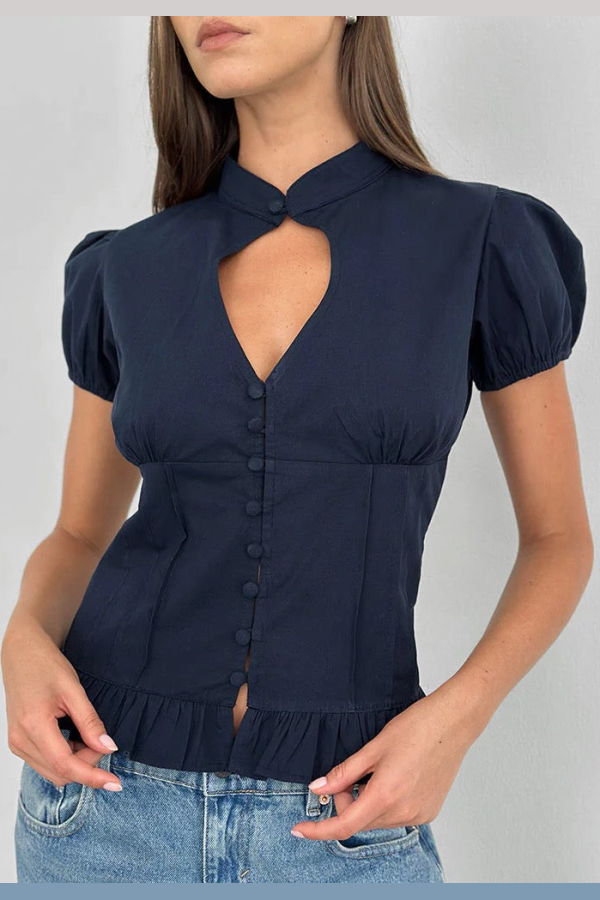 Motel Yamila Puff Sleeve Keyhole Blouse