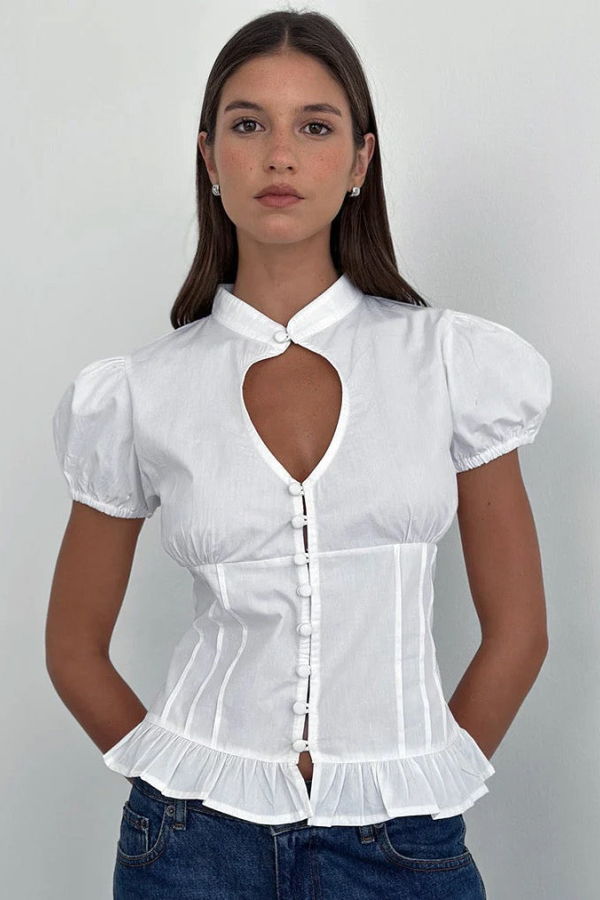 Motel Yamila Puff Sleeve Keyhole Blouse Top